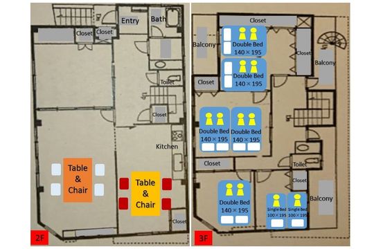 間取り図 - Beハウス（シェアハウス）始めます。4名募集。中野区駅徒歩30秒、一棟ビル２、３フロア丸ごとの住居スペースです。} - ルームシェアルームメイト