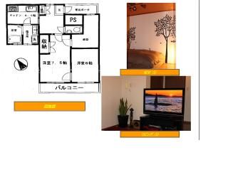 間取り図 - アジアン家具付き充実設備の格安2ＬＤＫ♪駅徒歩2分、池袋まで10分、新宿に20分、渋谷28分で行けます。} - ルームシェアルームメイト